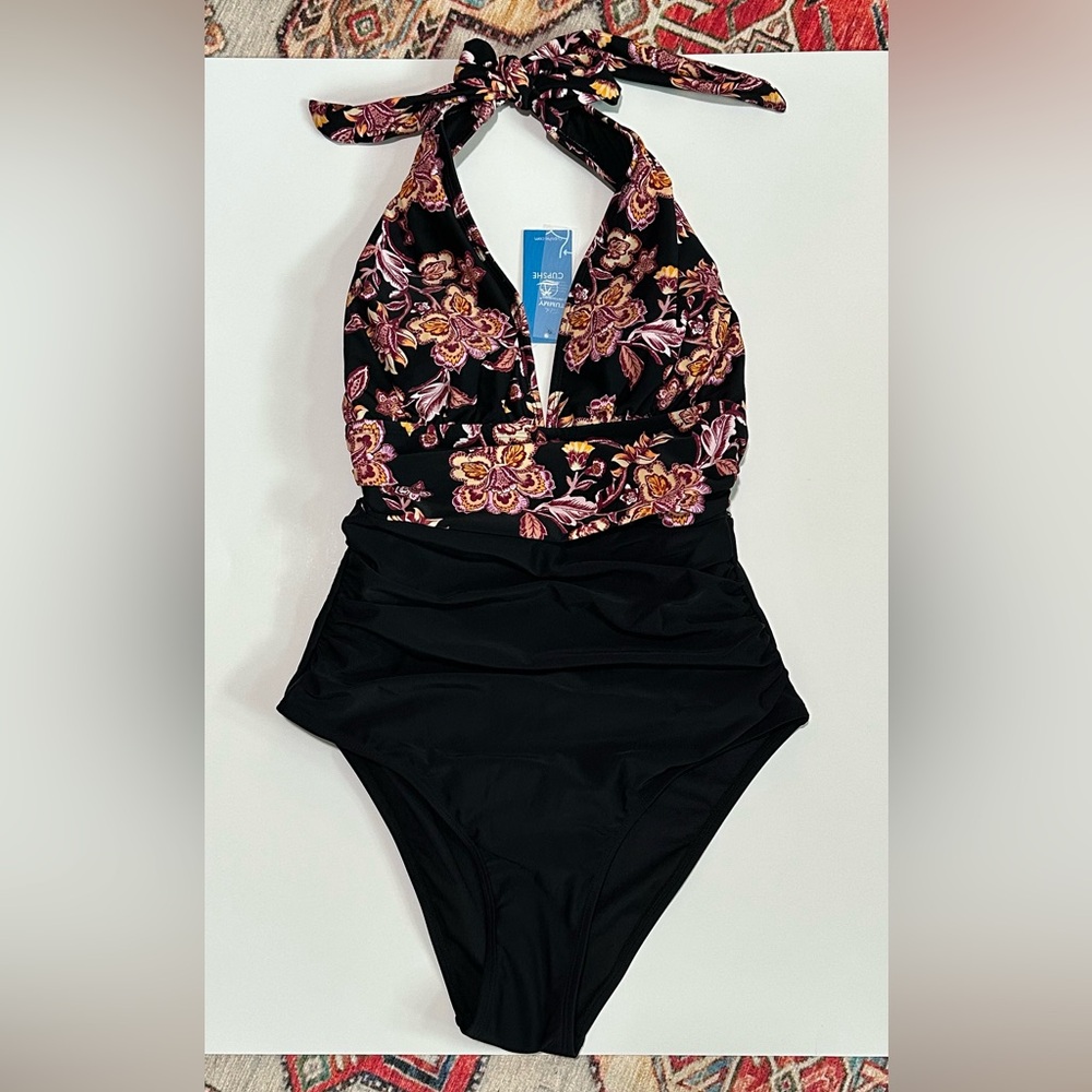 Cupshe Black Floral Halter One Piece Swimsuit – Size M